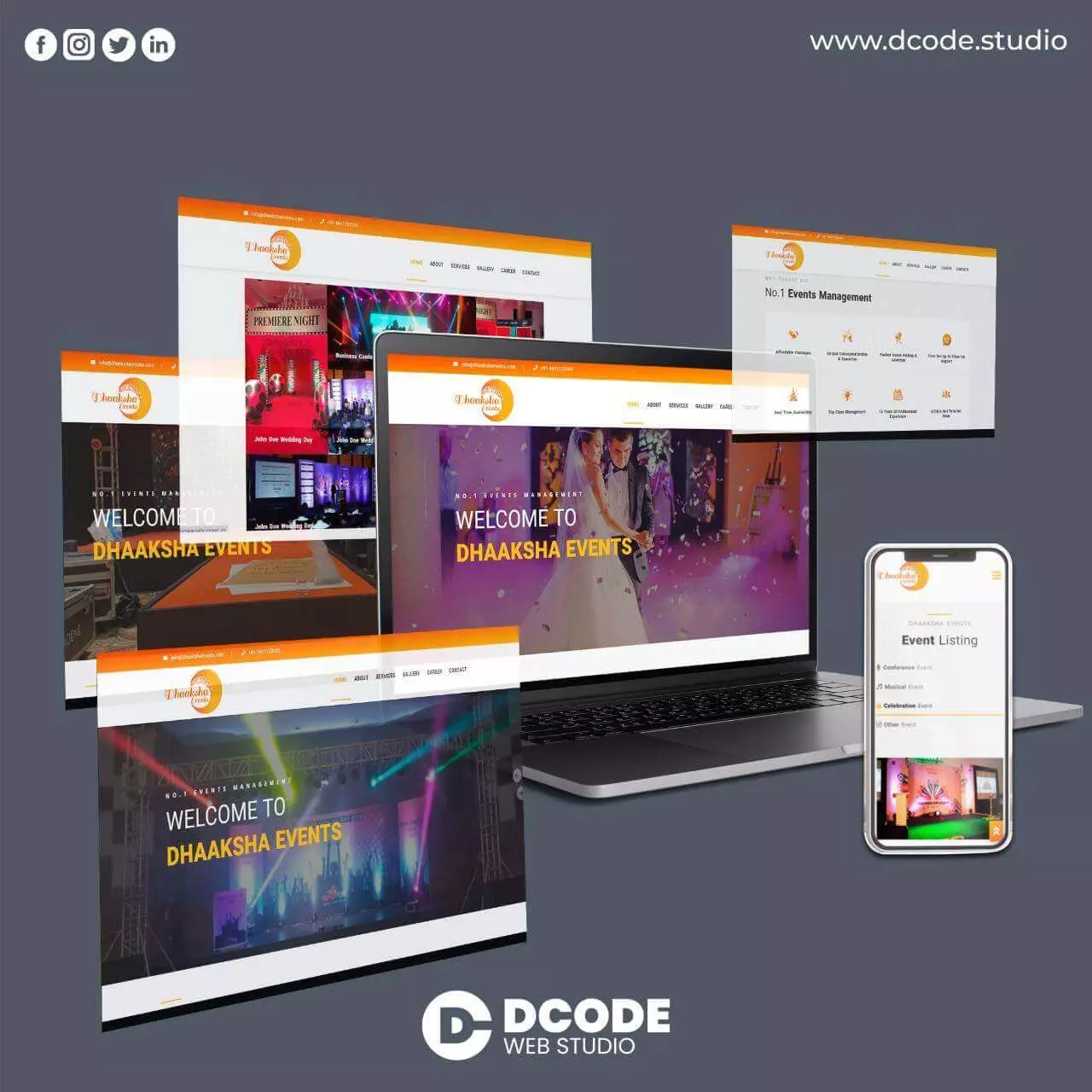 Dhaaksha Events Website Mockup in Laptop, Mobile, and Large Screen Sizes, Designed and Developed by Dcode Web Studio Ahmedabad, Dhaaksha Events Website Designed and Developed by Dcode Web Studio Ahmedabad